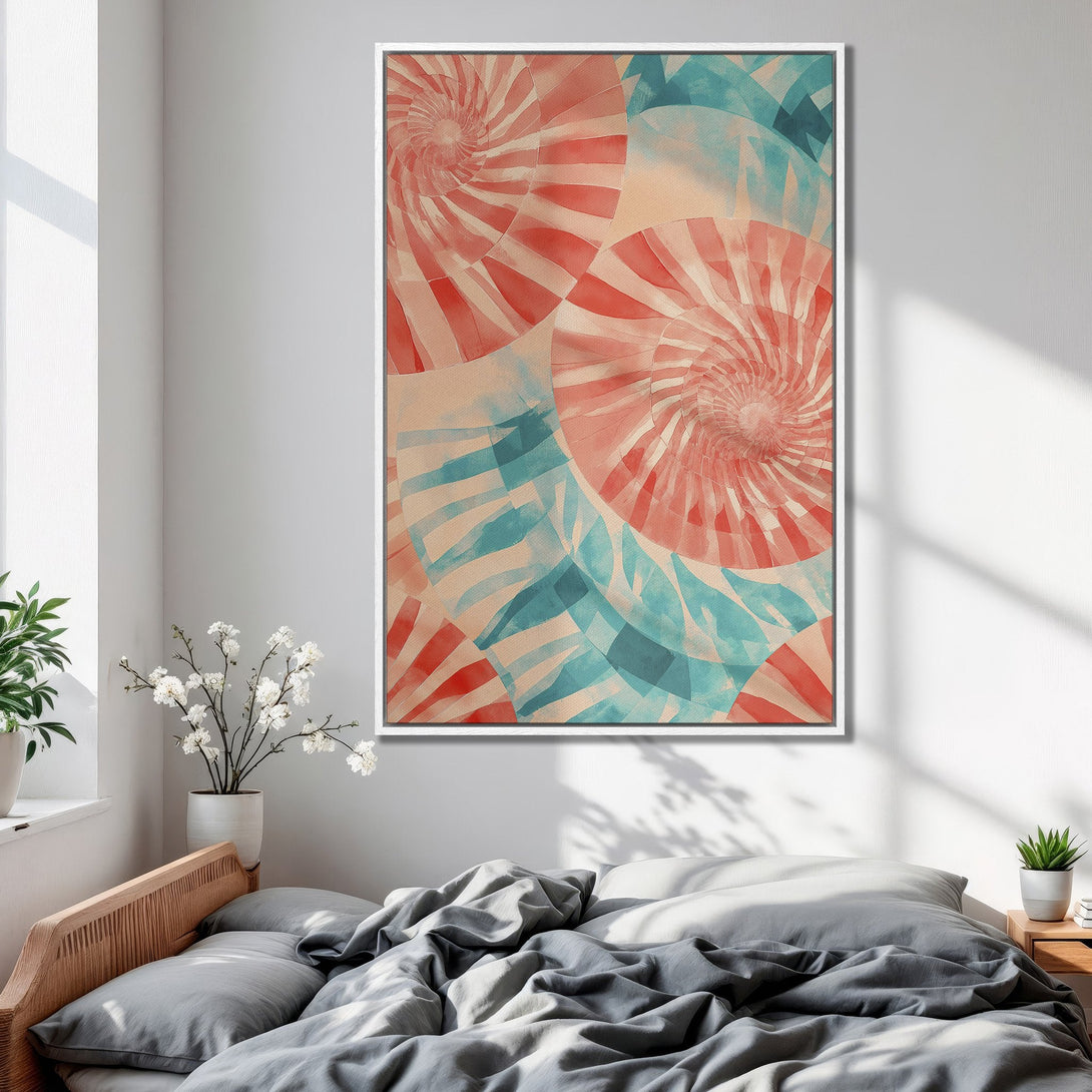 Framed Wall Art featuring abstract spiral design in red, blue, and beige tones. Modern art print adds a pop of color to any room.