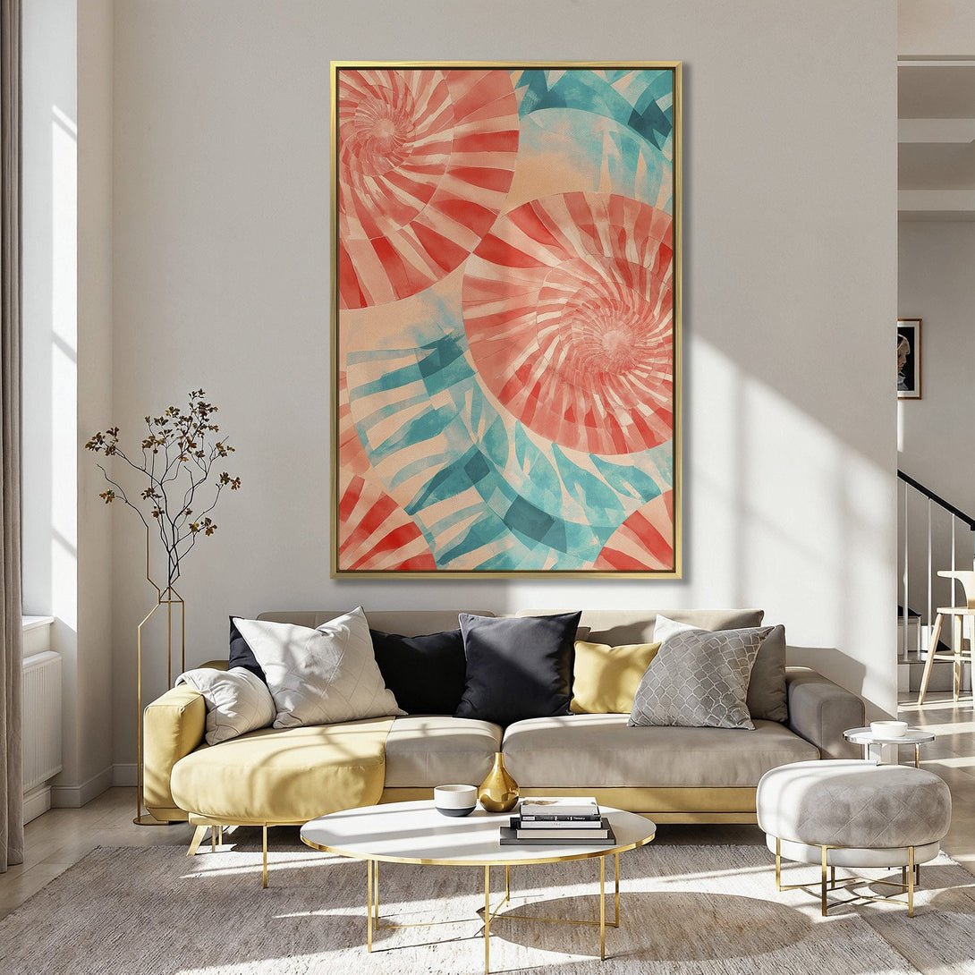 Canvas Print featuring abstract spiral design in red, teal, and beige hues, adding a pop of color to a stylish kitchen interior.