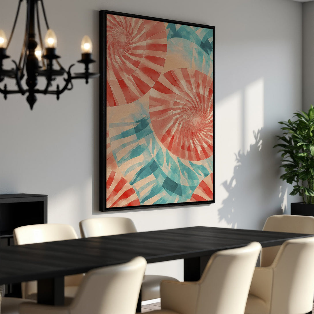 Framed Wall Art featuring an abstract spiral design in red, blue, and beige. Modern canvas print perfect for dining room decor.
