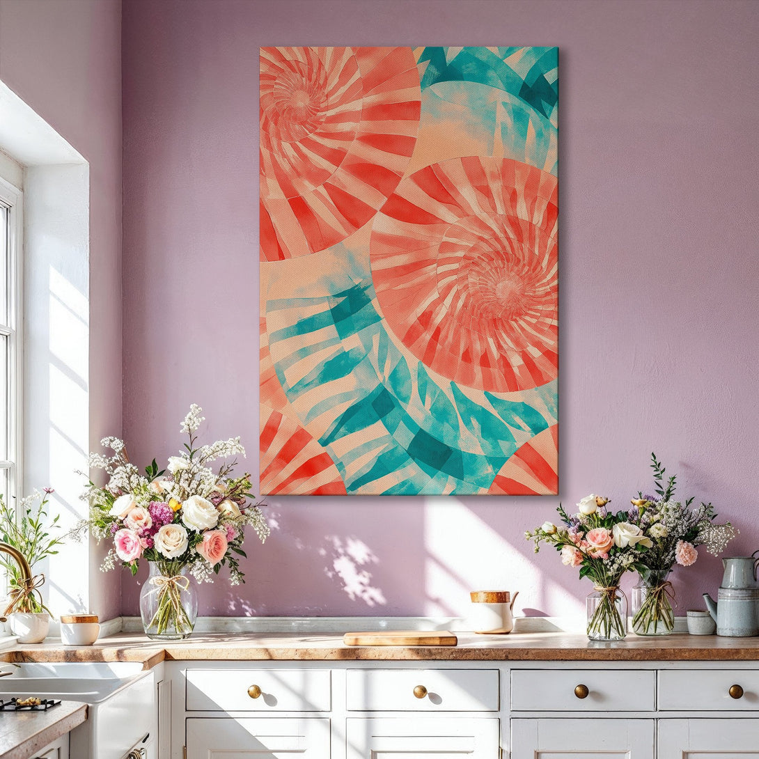 Framed Wall Art featuring abstract spiral design in red, blue, and peach hues. Modern art print perfect for living room decor.