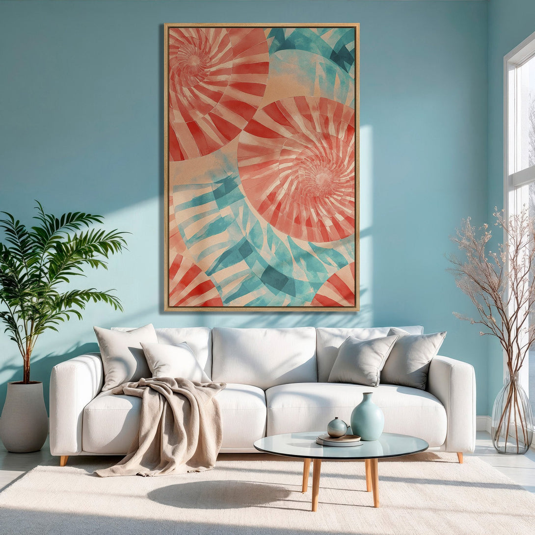 Framed Wall Art featuring abstract spiral design in red, blue, and beige. Modern art print perfect for living room decor.
