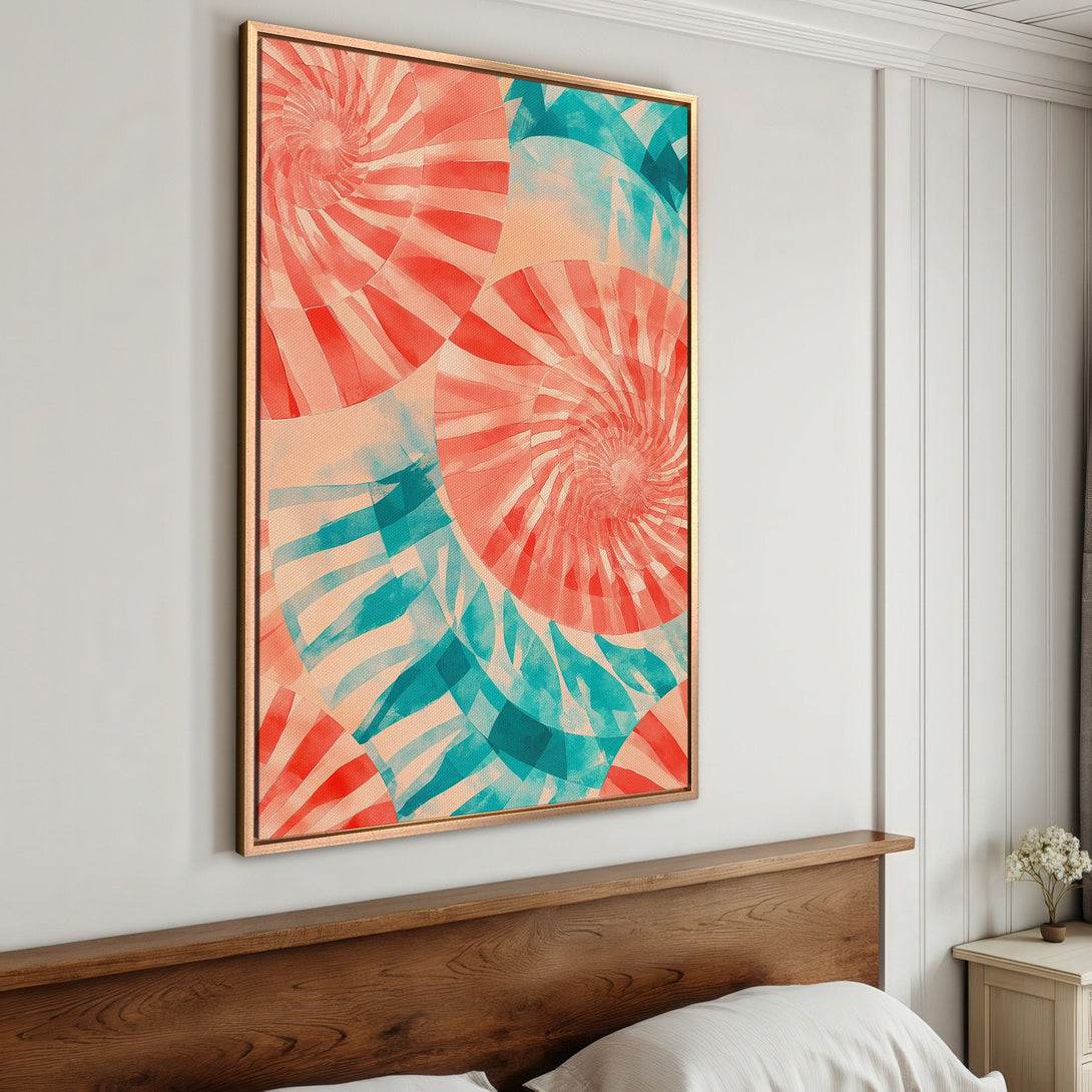 Framed Wall Art featuring abstract spiral design in coral, teal, and beige. Modern art print perfect for bedroom decor.