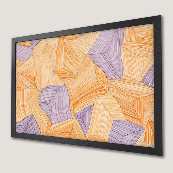 Framed Poster featuring abstract geometric art in orange, yellow, and purple hues. Modern wall art for your home!