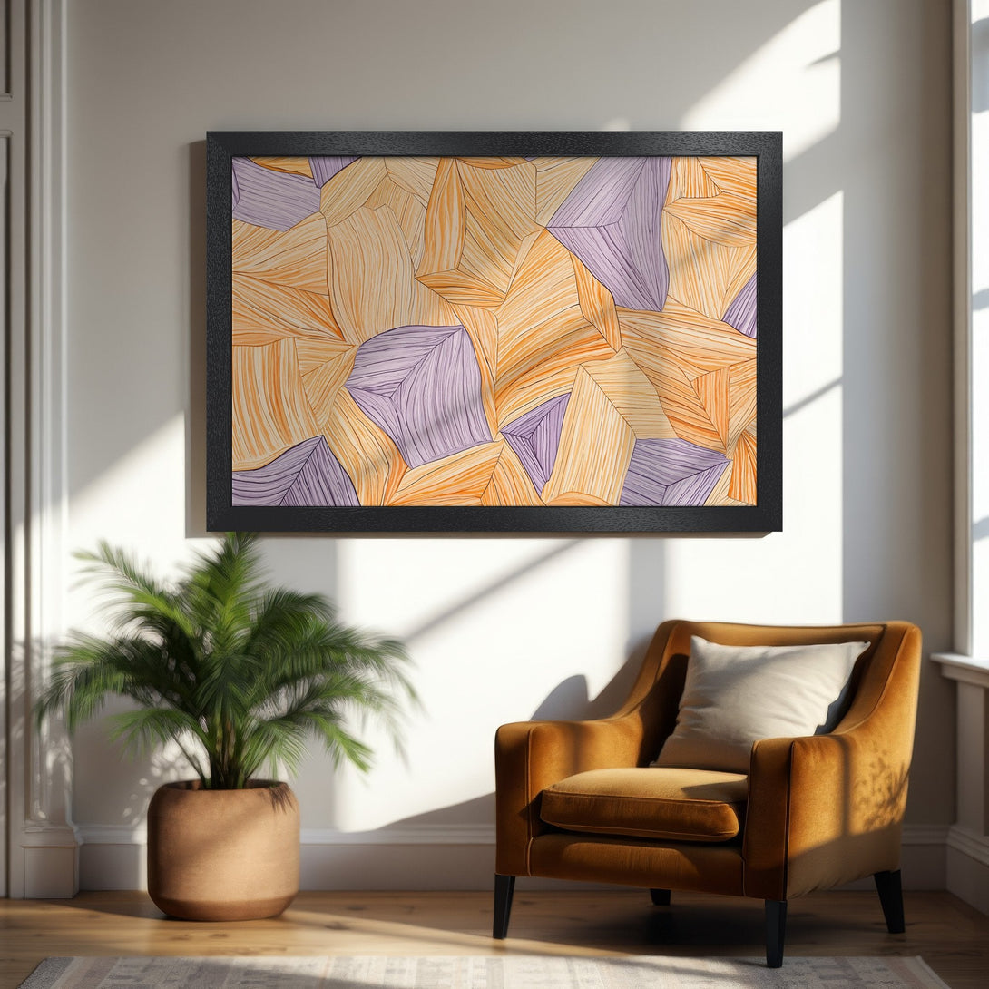 Framed Poster featuring abstract geometric art in warm orange and purple tones, perfect for modern home decor.