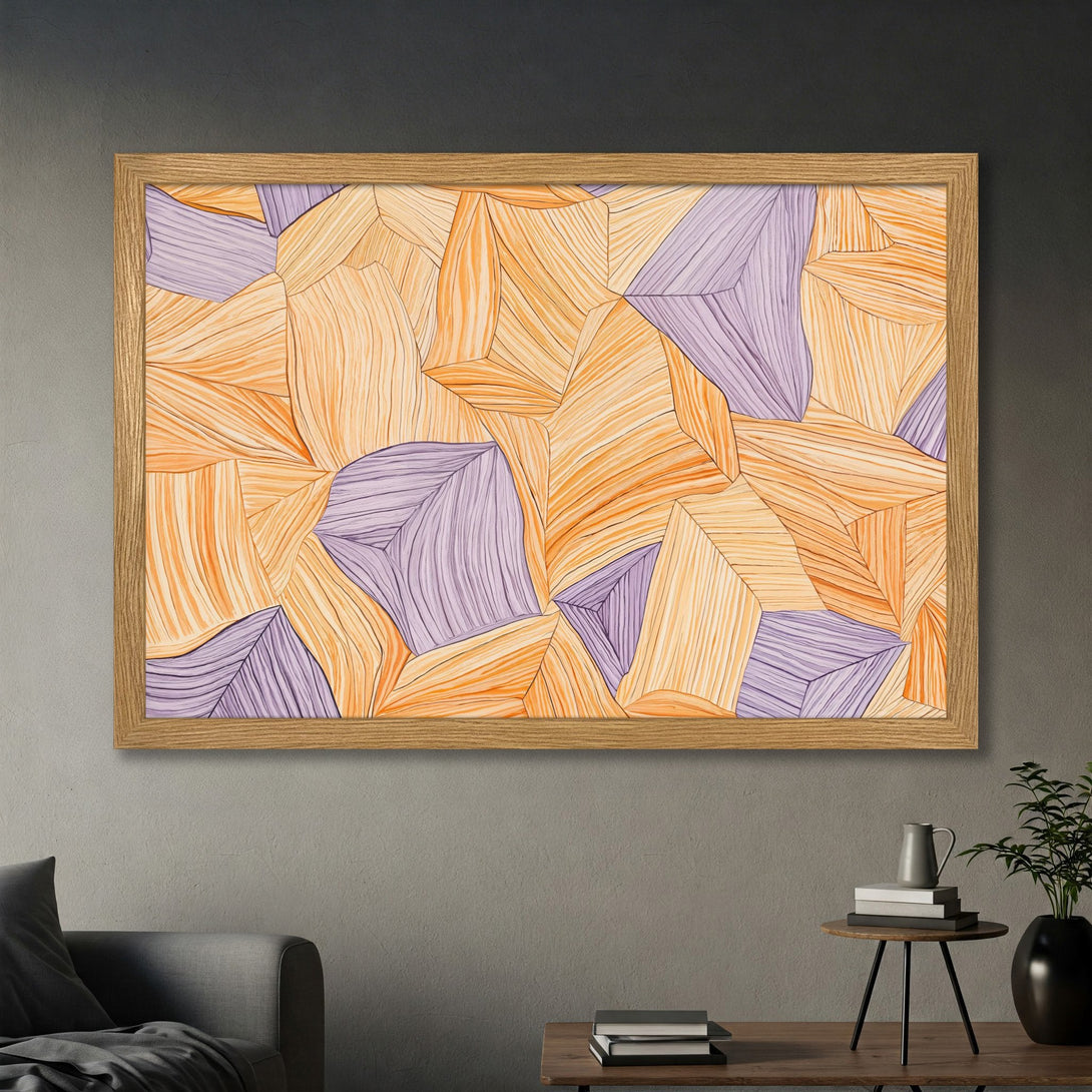 Framed Poster with abstract geometric art in orange and purple hues. Modern wall decor for your home.