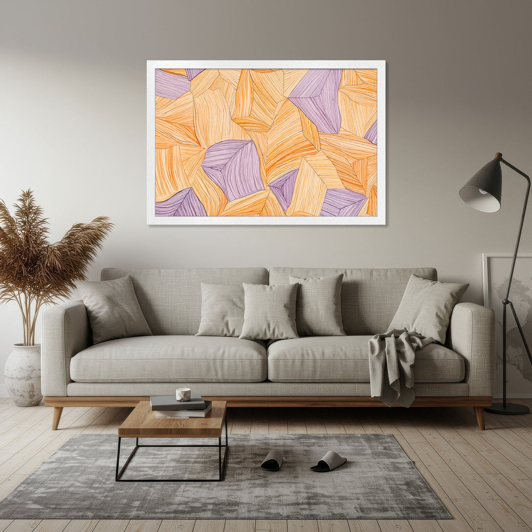 Framed Poster featuring abstract geometric art in orange and purple hues. Modern wall decor to elevate your living room!