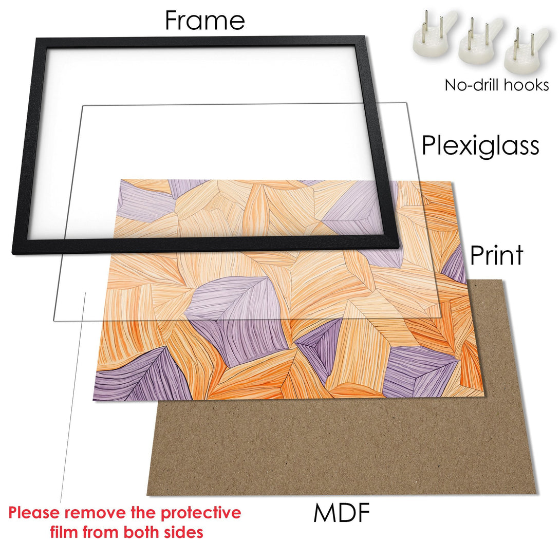 Framed Poster with abstract geometric art in orange, purple, and beige tones. Perfect wall decor!