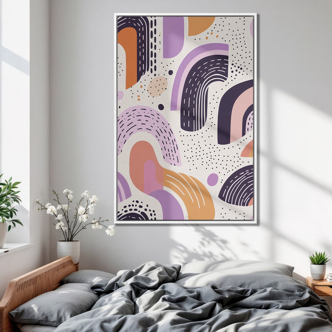 Framed Wall Art featuring an abstract design with arches and dots in a warm, muted color palette. Perfect for adding a modern touch to any room.