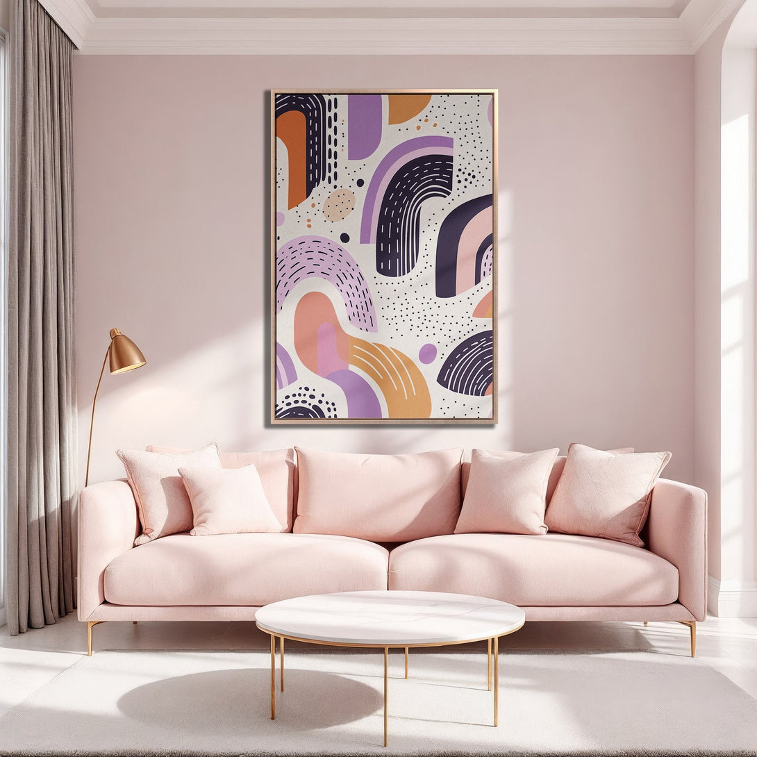 Framed Wall Art featuring abstract shapes in a modern style. Soft pink, purple, and orange hues create a calming aesthetic, perfect for any living space.