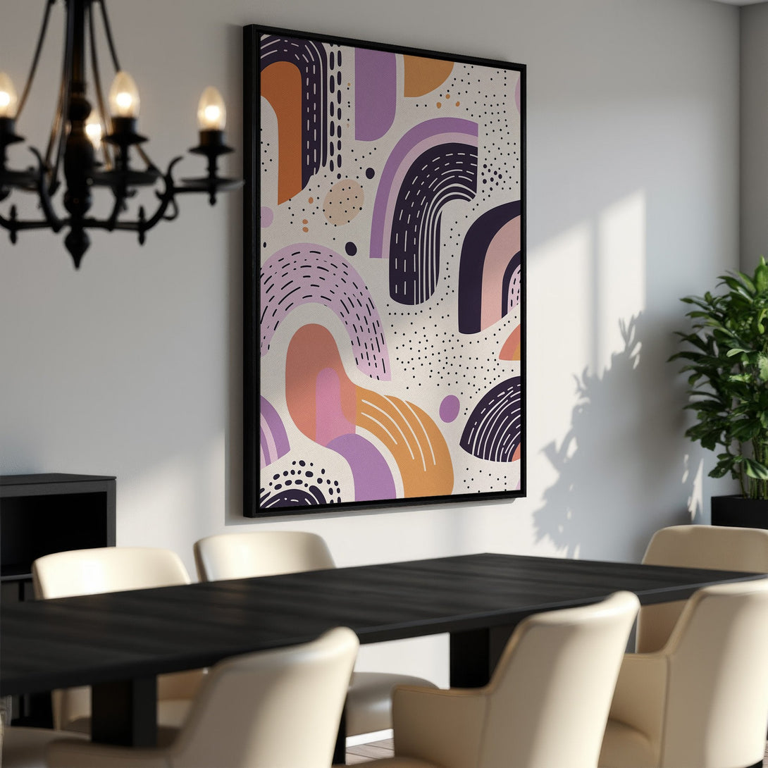Framed Wall Art featuring abstract shapes in a modern style. The canvas print showcases a warm color palette of purple, orange, and pink, perfect for any interior.