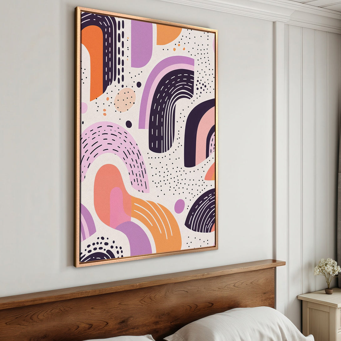 Framed Wall Art featuring an abstract design in a modern style. Pastel color palette with orange, purple, and pink hues. Perfect for adding a pop of art to your space.