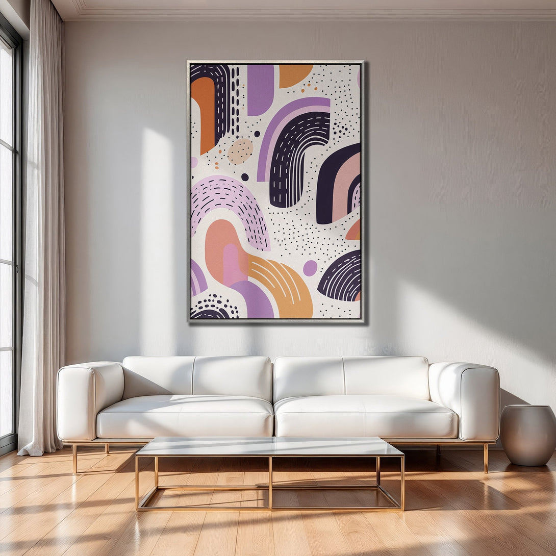 Framed Wall Art featuring abstract shapes in a modern style, with a warm color palette of orange, purple, and pink. Perfect for living room decor.