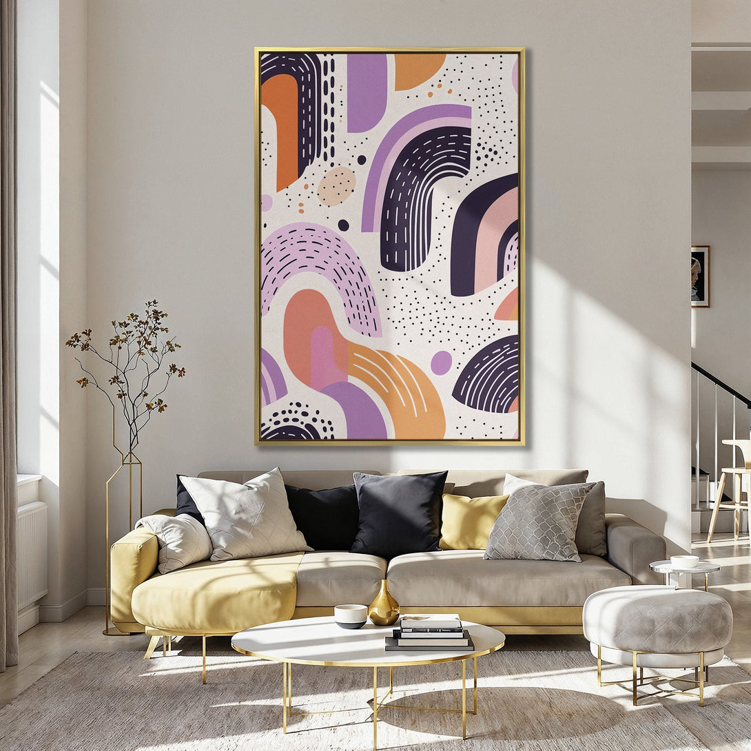 Abstract Canvas Print with a modern design in a warm color palette of orange, purple, and pink, perfect for adding a pop of color to any room.