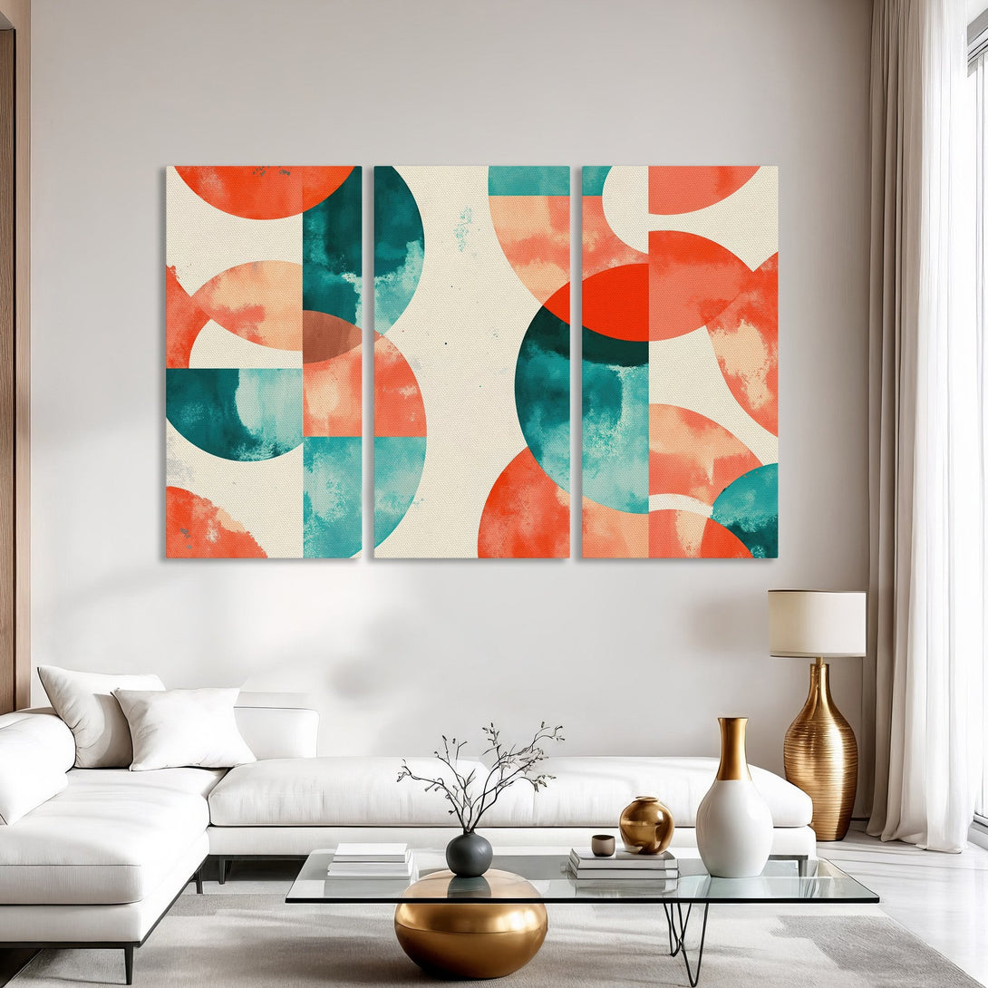 Abstract Canvas Print art in a modern interior. Features geometric shapes in teal, orange, and cream. Perfect wall decor for a stylish home.