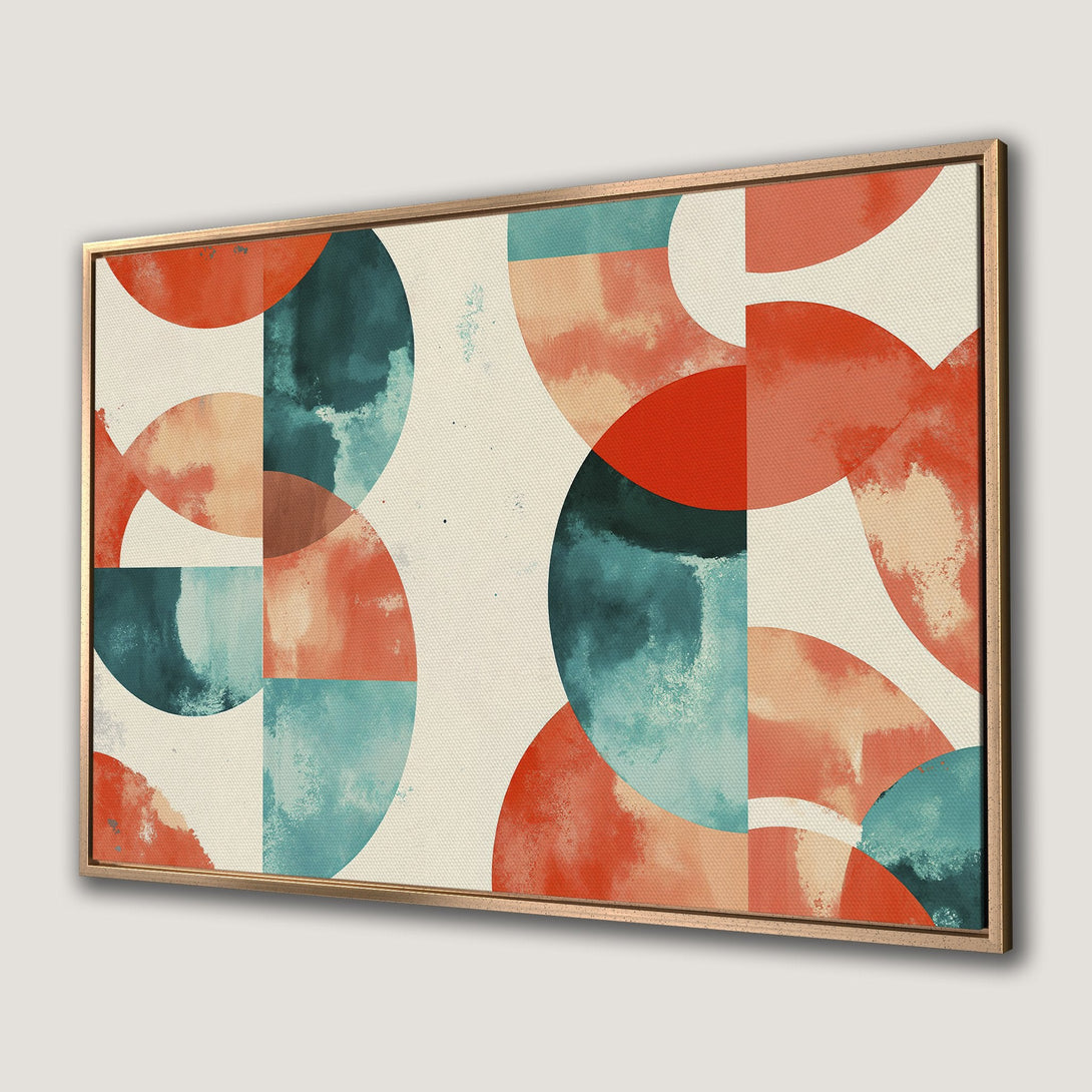 Framed Wall Art: Abstract geometric design in warm orange, teal, and cream tones. Modern canvas print perfect for any space!