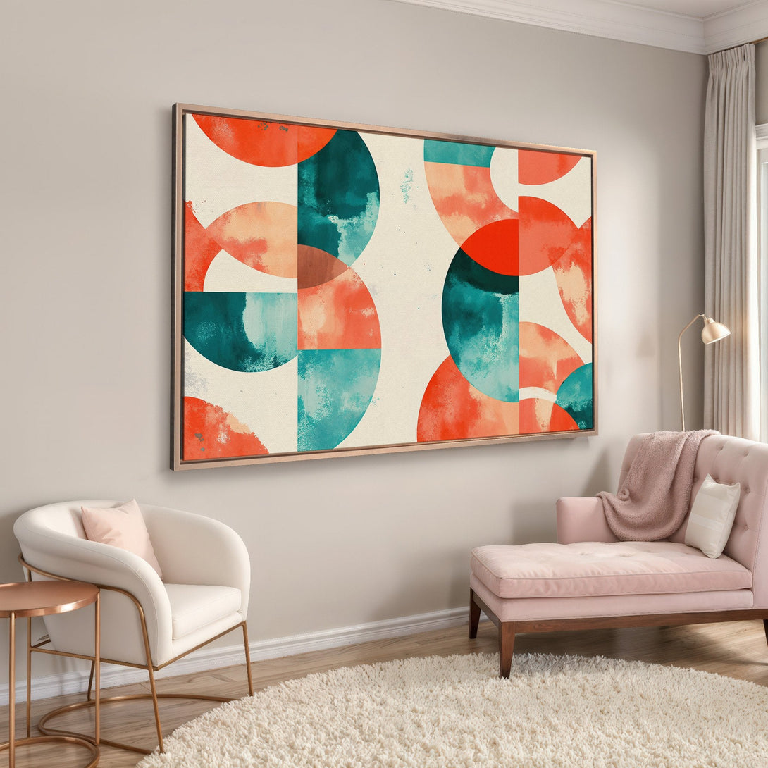 Framed Wall Art: Abstract geometric art in coral, teal, and cream. Modern style canvas print adds a pop of color to any interior. Shop now!