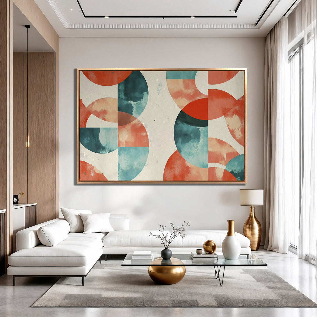 Framed Wall Art: Abstract geometric design in warm coral, teal, and beige. Modern canvas print adds a pop of color to any interior.