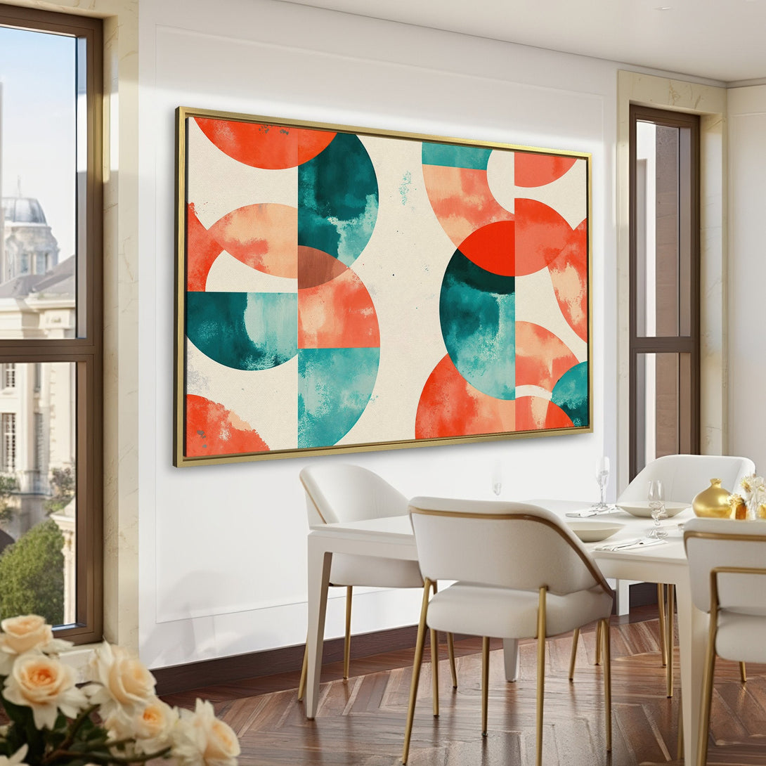 Abstract Canvas Print art in a modern style, featuring a warm color palette of red, teal, and beige. Perfect for adding a pop of color to any room.