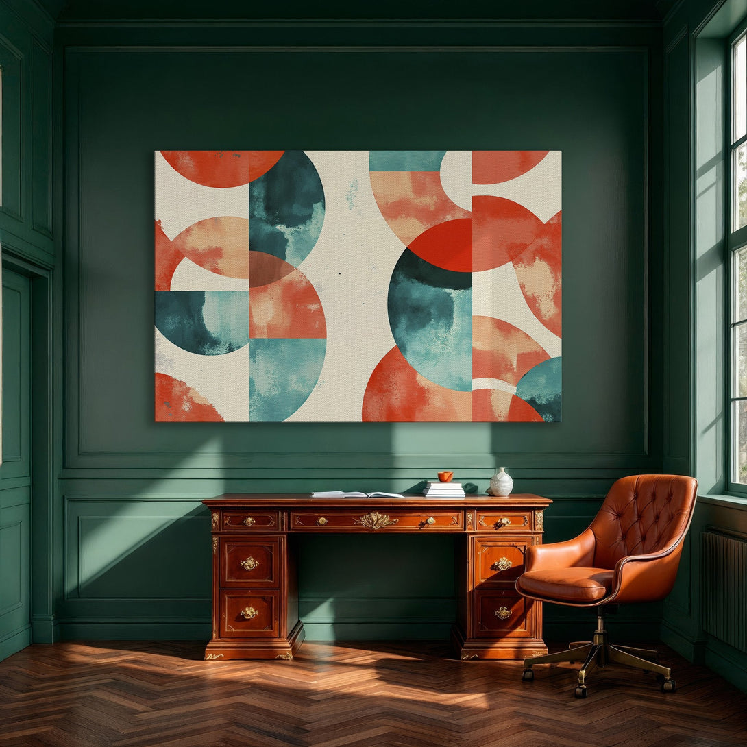 Framed Wall Art: Modern abstract art in a dining room. Features a vibrant palette of teal, orange, and cream. Perfect for adding a pop of color!