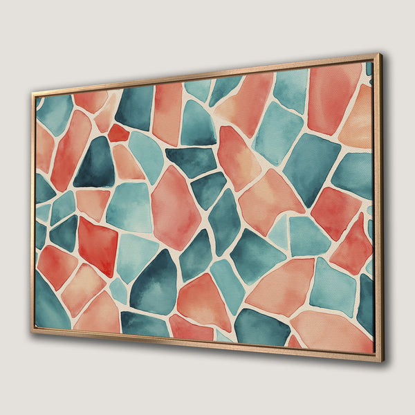 Framed Wall Art featuring a watercolor abstract mosaic design in coral, teal, and cream. Perfect for adding a pop of color to any space!