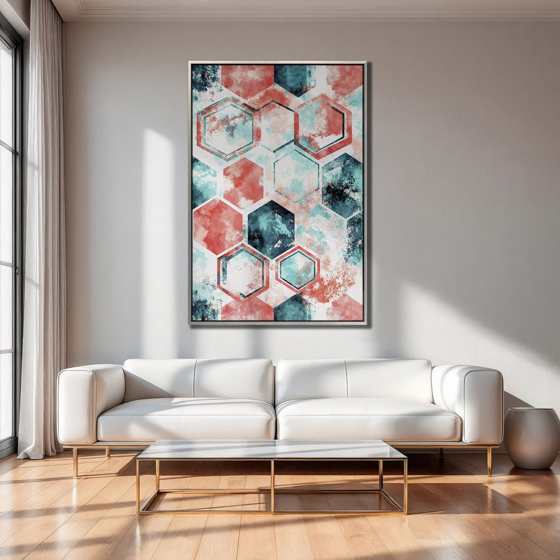 Framed Wall Art featuring an abstract geometric design in a watercolor style. Color palette includes coral, teal, and navy. Modern home decor.