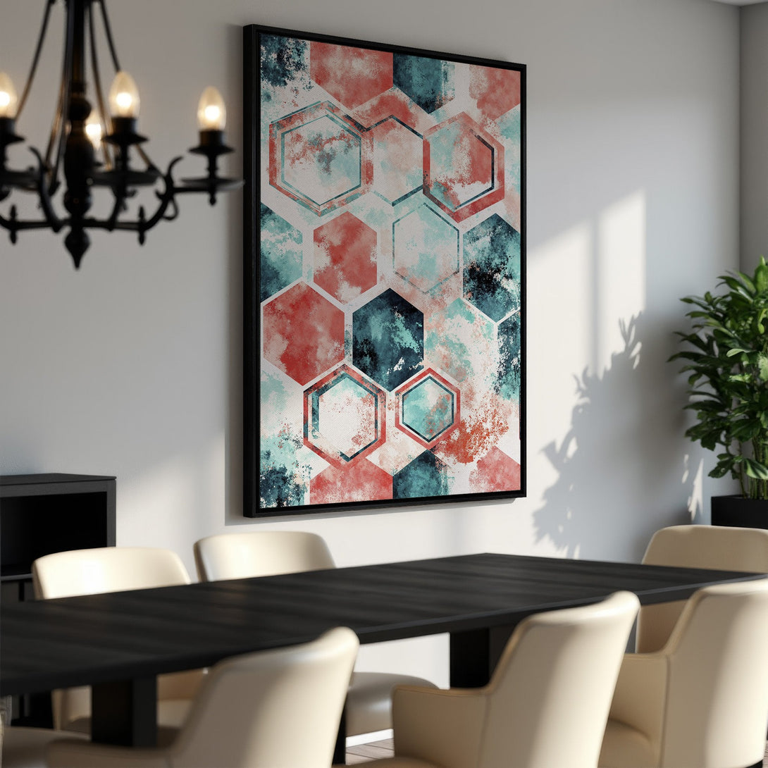 Framed Wall Art featuring an abstract geometric design with a watercolor effect. The color palette includes teal, coral, and black. Perfect for modern decor.