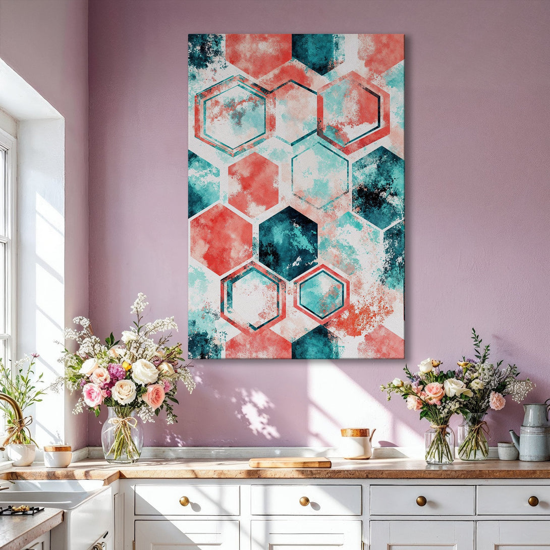 Framed Wall Art featuring an abstract geometric design in red, teal, and black. Modern art canvas print for living room decor.
