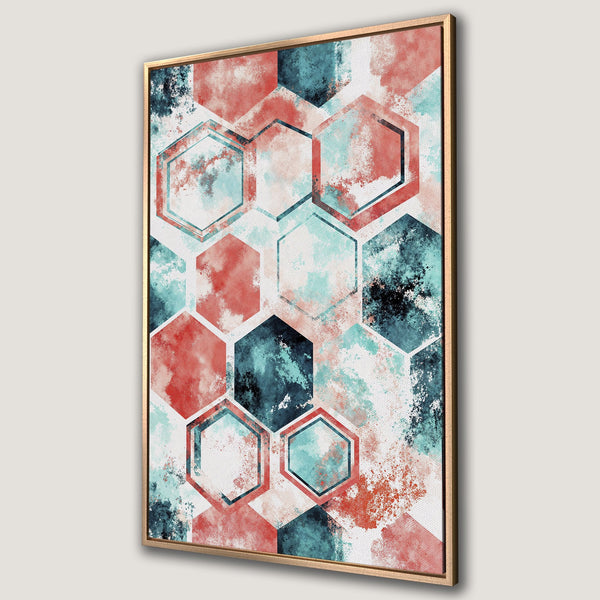 Framed wall art featuring a geometric hexagon design in a watercolor style. The color palette includes teal, coral, and navy, perfect for modern decor.