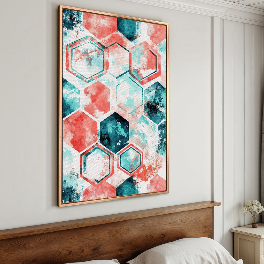 Framed Wall Art featuring an abstract geometric design in coral, teal, and white. Modern Canvas Print adds a pop of color to any interior.