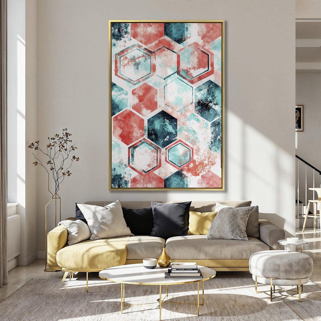 Abstract geometric Canvas Print in teal and coral, perfect for modern home decor. Adds a pop of color and style to any space.