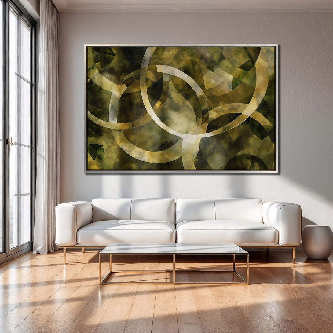 Framed Wall Art featuring abstract geometric design in olive green and gold hues, perfect for adding modern style to your living room.