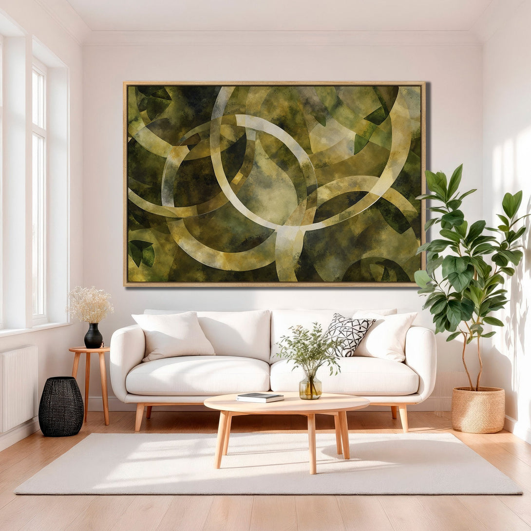 Framed Wall Art: Abstract art Canvas Print in green and gold tones. Modern style artwork for living room decor. Enhance your space with this unique piece.