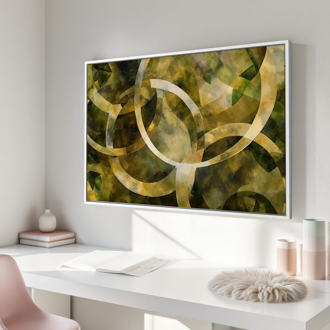 Framed Wall Art featuring abstract geometric design in earthy green and gold tones. Modern art print for home decor.