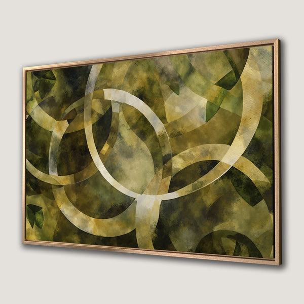Framed Wall Art: Abstract Canvas Print in earthy green and gold tones. Modern art with overlapping shapes, perfect for home decor.