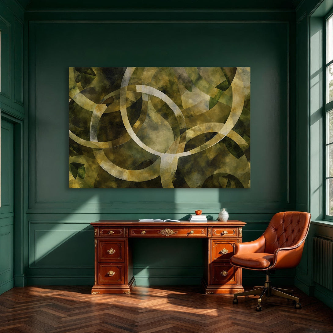 Framed Wall Art: Abstract green & gold canvas print. Modern art for dining room decor. Enhance your space with this stylish artwork.