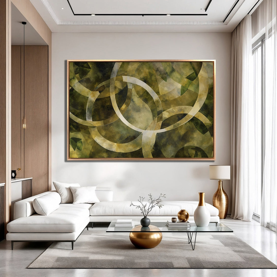 Framed Wall Art: Abstract geometric artwork in earthy green and gold tones. Modern canvas print adds a touch of sophistication to any interior.