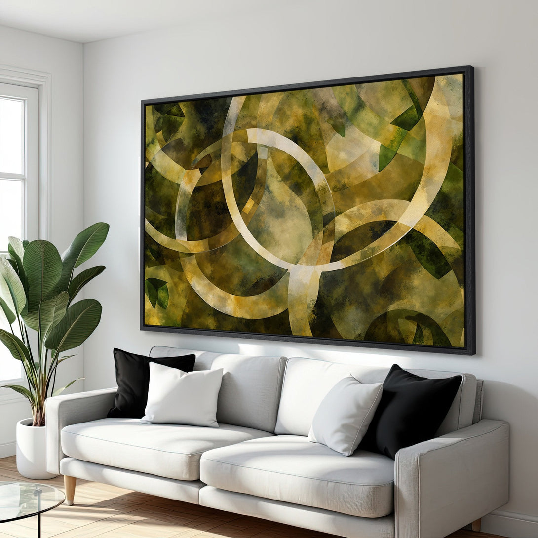 Framed Wall Art: Abstract geometric Canvas Print in earthy green and gold tones. Modern art for living room decor.