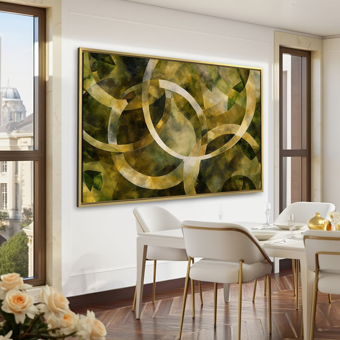 Abstract Canvas Print in a sophisticated interior. Features a green and gold color palette with an artistic, modern design. Enhance your space!