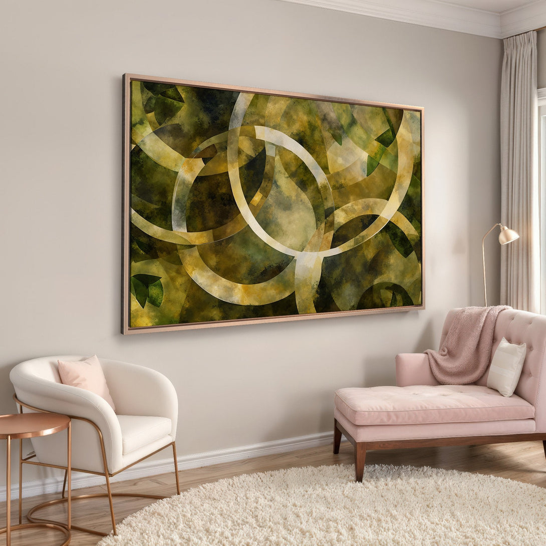 Framed Wall Art: Abstract art canvas print in green and gold tones. Modern interior design with a stylish, contemporary aesthetic.