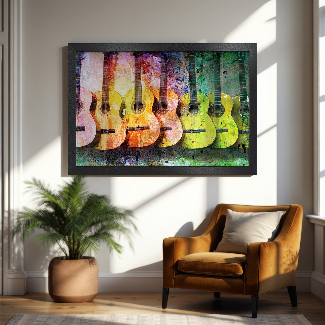 Framed Poster featuring colorful guitars in a grunge style. Warm, vibrant color palette perfect for music lovers. Add art to your home!