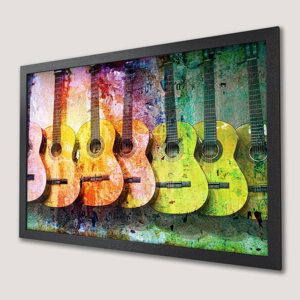 Framed Poster featuring colorful guitars against a textured background. Artistic style with a vibrant, warm color palette. Perfect wall art!