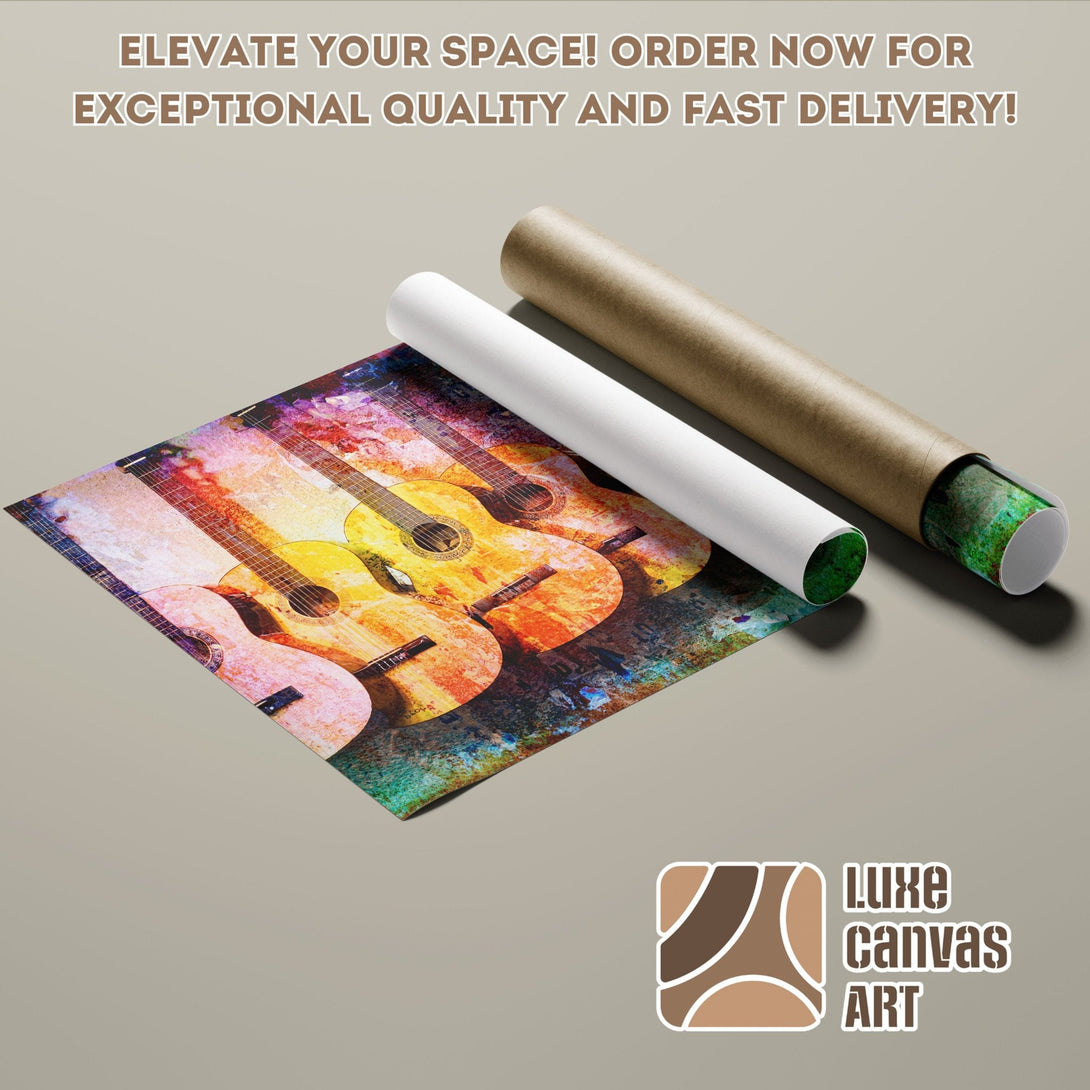 Poster Roll featuring acoustic guitars, colorful art print. Elevate your space with this stunning poster!