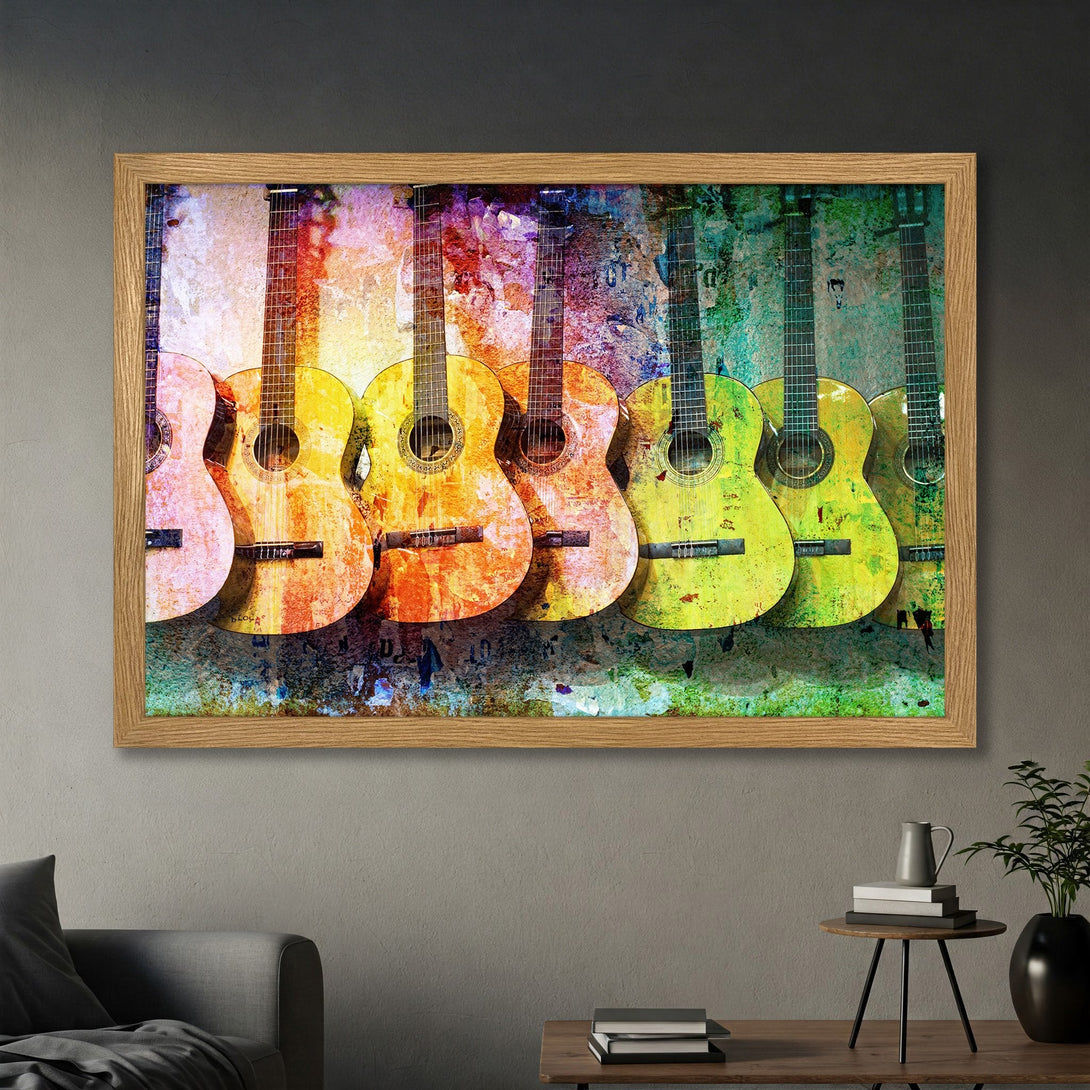 Framed Poster featuring colorful guitars on a distressed background. Vibrant, artistic style with a warm, earthy color palette. Perfect wall art!
