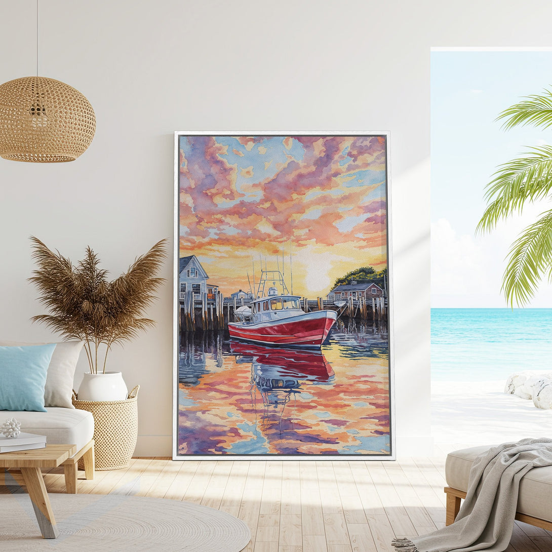 Framed Wall Art: Watercolor boat art in warm sunset hues. Coastal decor featuring a red boat, creating a serene and inviting atmosphere.