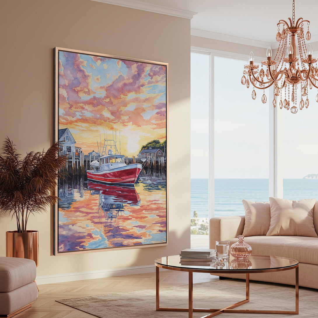 Framed Wall Art: Watercolor boat scene in warm sunset hues. Coastal decor inspiration for your living room. Bring the sea to your space with this beautiful canvas print.