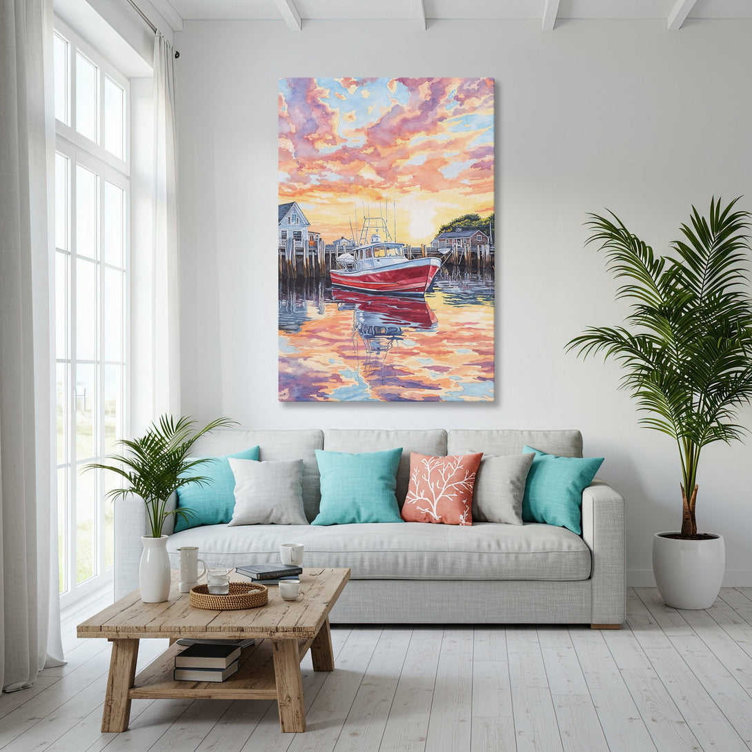 Framed Wall Art: Watercolor boat scene in warm sunset hues. Coastal decor inspiration for living room. Enhance your space with this beautiful canvas print.
