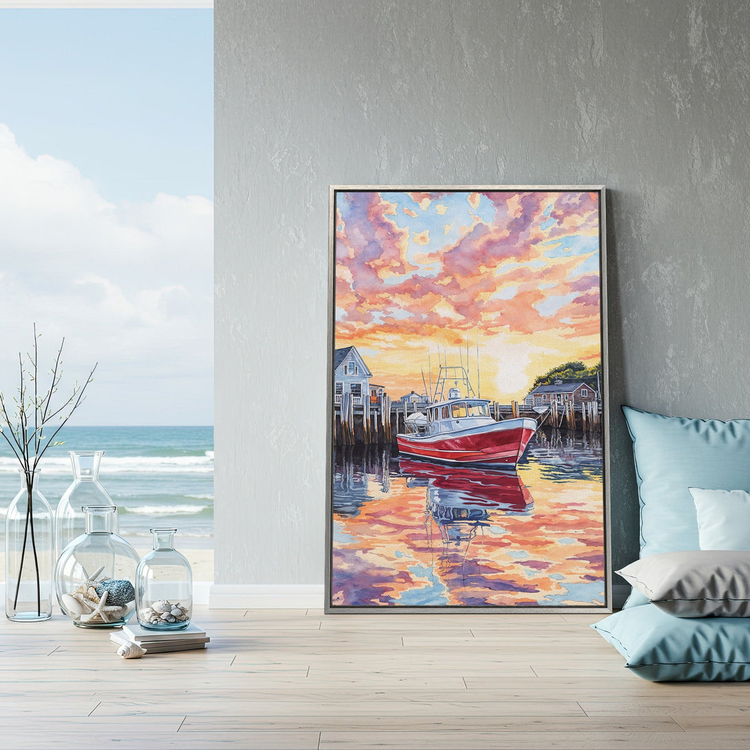Framed Wall Art featuring a watercolor boat scene in a warm sunset palette. Coastal decor for your home.
