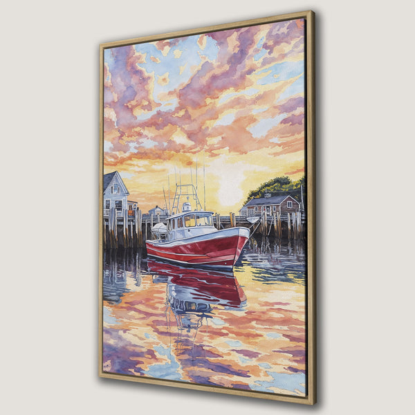 Framed Wall Art featuring a watercolor painting of a boat at sunset. Warm color palette of orange, pink, and blue. Coastal art for your home.