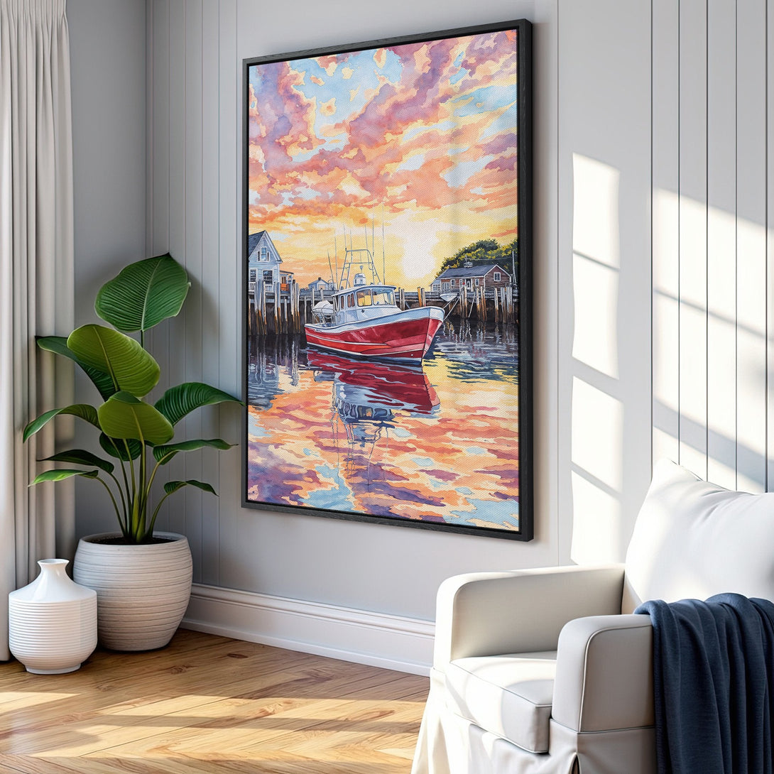 Framed Wall Art: Watercolor painting of a boat in a harbor at sunset. Warm, vibrant colors of orange, red, and blue create a stunning coastal scene.