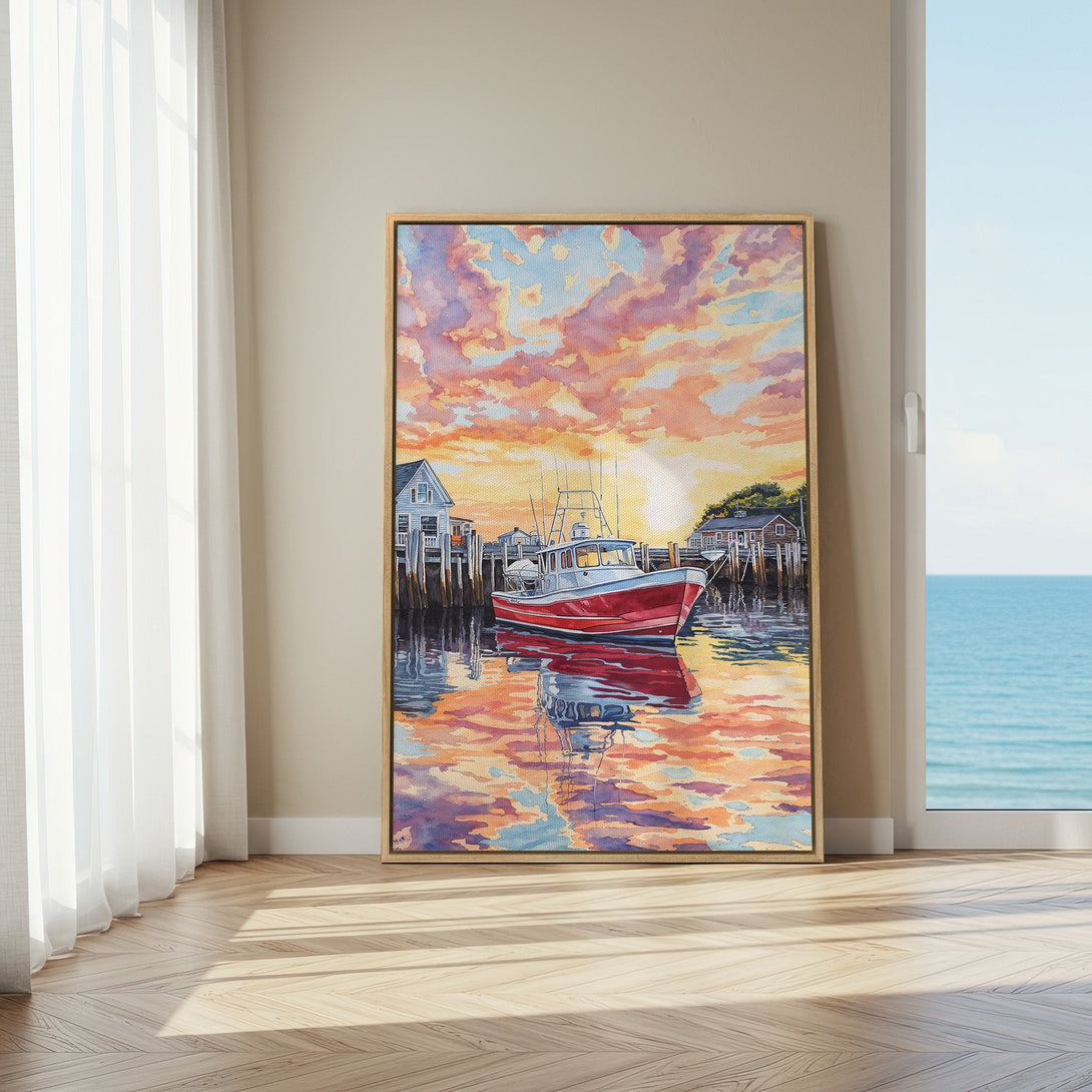 Framed Wall Art: Watercolor boat scene with sunset hues. Coastal art in warm orange, pink, and blue tones. Perfect for adding a touch of serenity to your space.